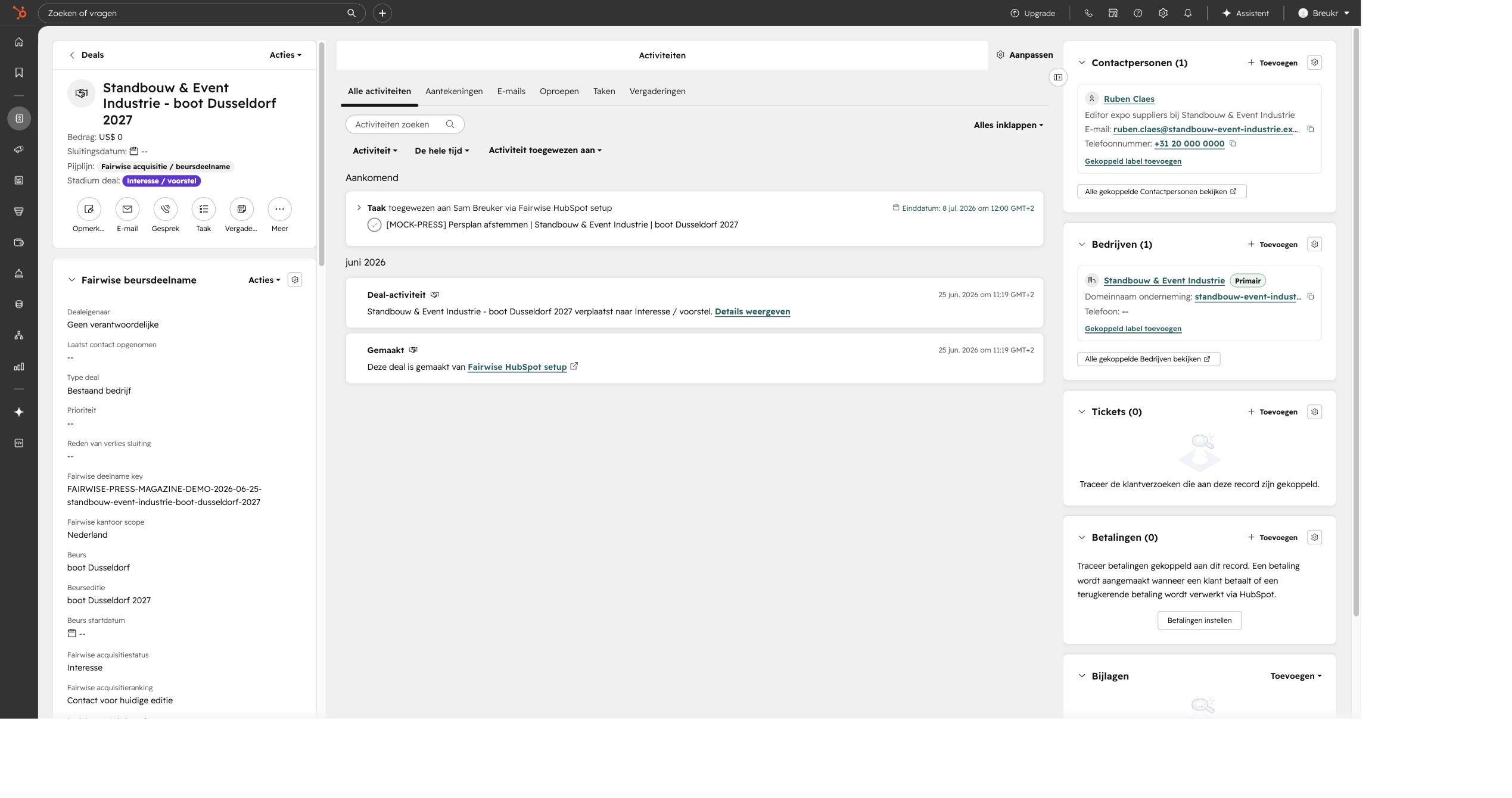 HubSpot dealrecord met beurs, acquisitiestatus, gekoppeld bedrijf, contactpersoon en taak