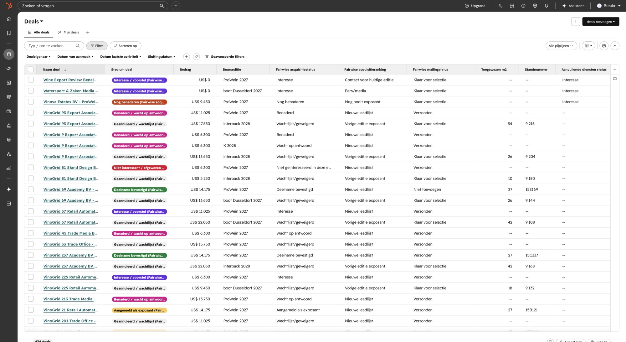 HubSpot dealslijst met beursdeelname, acquisitiestatus, ranking, mailingstatus en standinfo per bedrijf